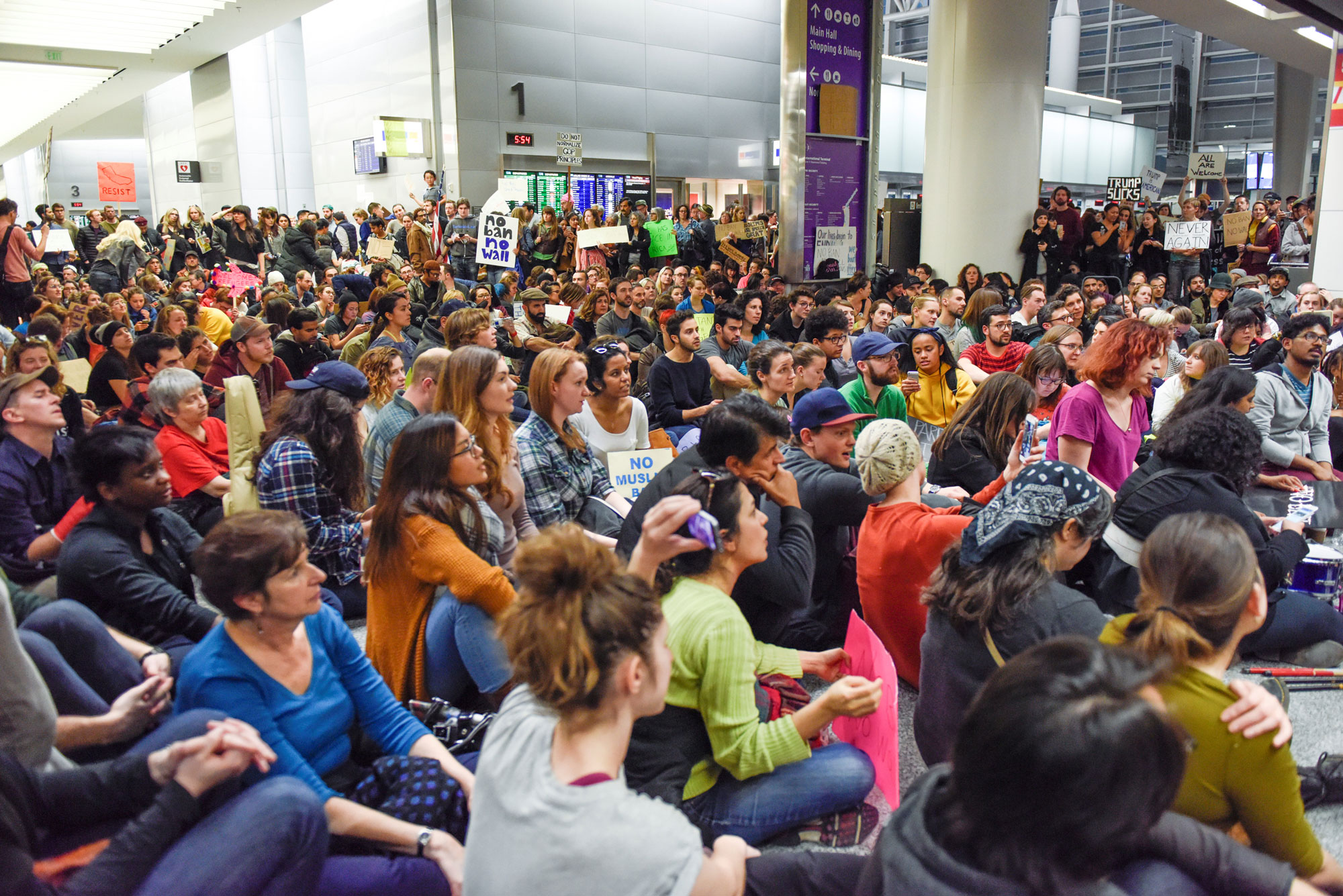 Demonstrators during anti-Donald Trump immigration ban protests in Terminal 4 at San Francisco International Airport. Demonstrators during anti-Donald Trump immigration ban protests in Terminal 4 at San Francisco International Airport.