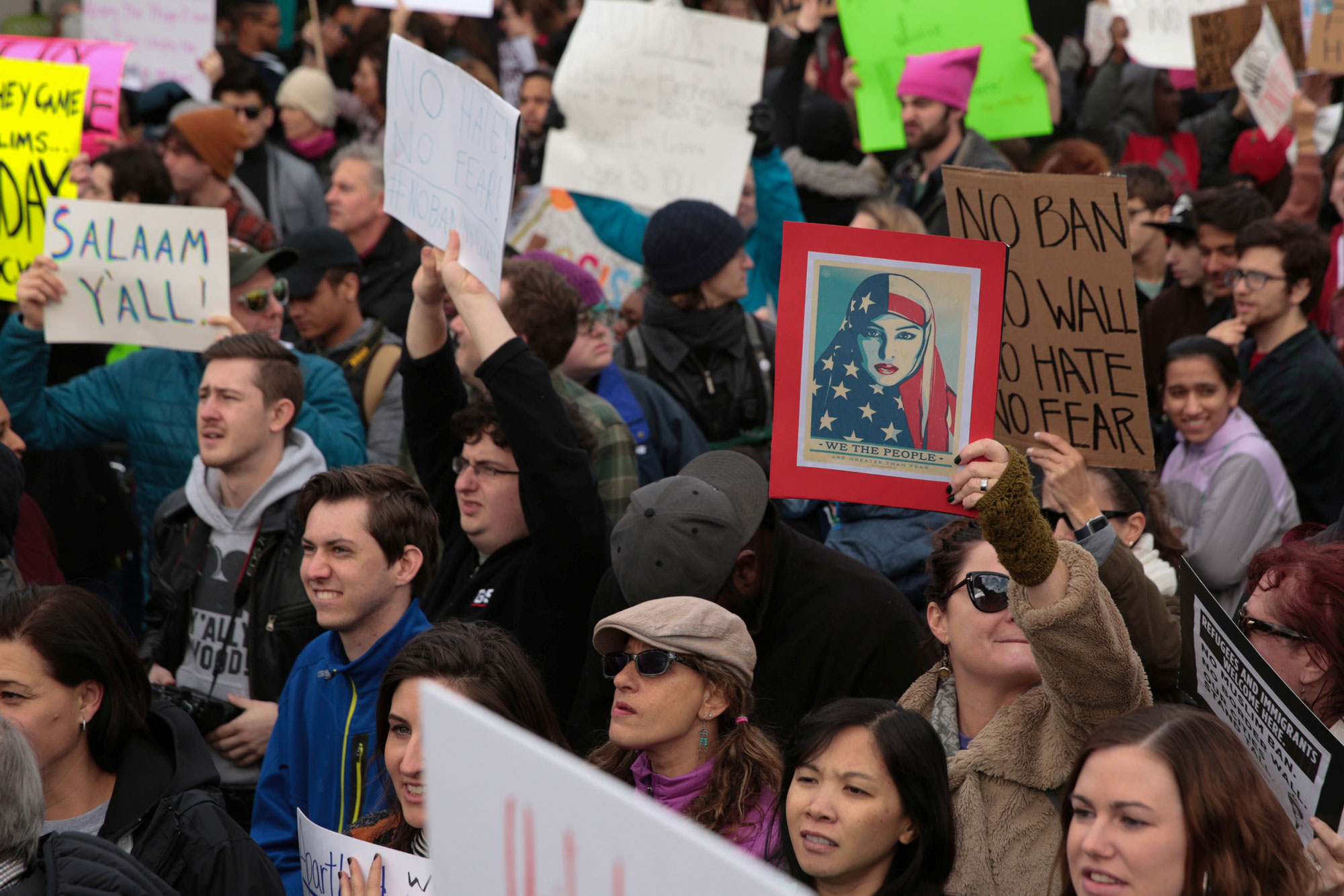 Thousands of people attend an anti-Donald Trump travel ban protest outside Hatfield-Jackson Atlanta International Airport. Thousands of people attend an anti-Donald Trump travel ban protest outside Hatfield-Jackson Atlanta International Airport.