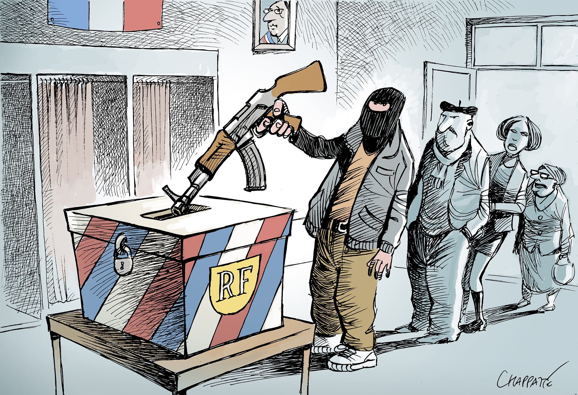 cartoon showing an IS terrorist voting in French election cartoon showing an IS terrorist voting in French election