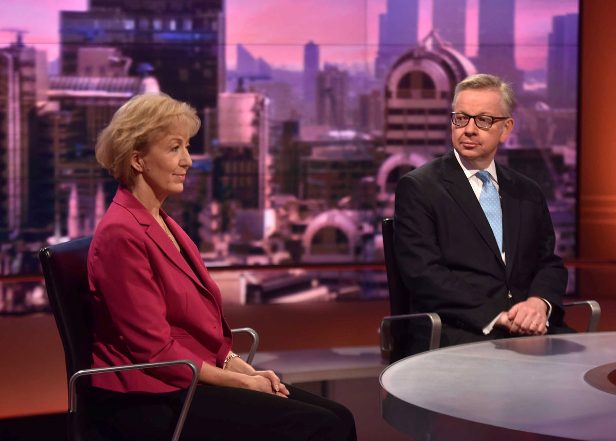 Andrea Leadsom and Britain's Justice Secretary Michael Gove, both candidates to succeed David Cameron as British prime minister, are seen appearing on the BBC's Andrew Marr Show. Andrea Leadsom and Britain's Justice Secretary Michael Gove, both candidates to succeed David Cameron as British prime minister, are seen appearing on the BBC's Andrew Marr Show.