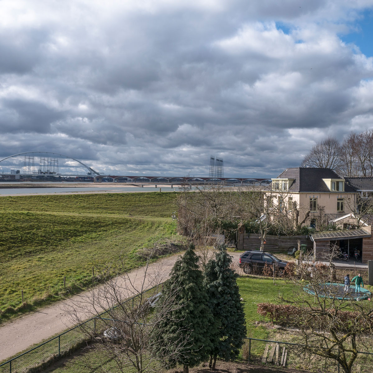 A bird's-eye view of part of the Room for the River project along a branch of the Rhine River in Nijmegen, the Netherlands. A bird's-eye view of part of the Room for the River project along a branch of the Rhine River in Nijmegen, the Netherlands.