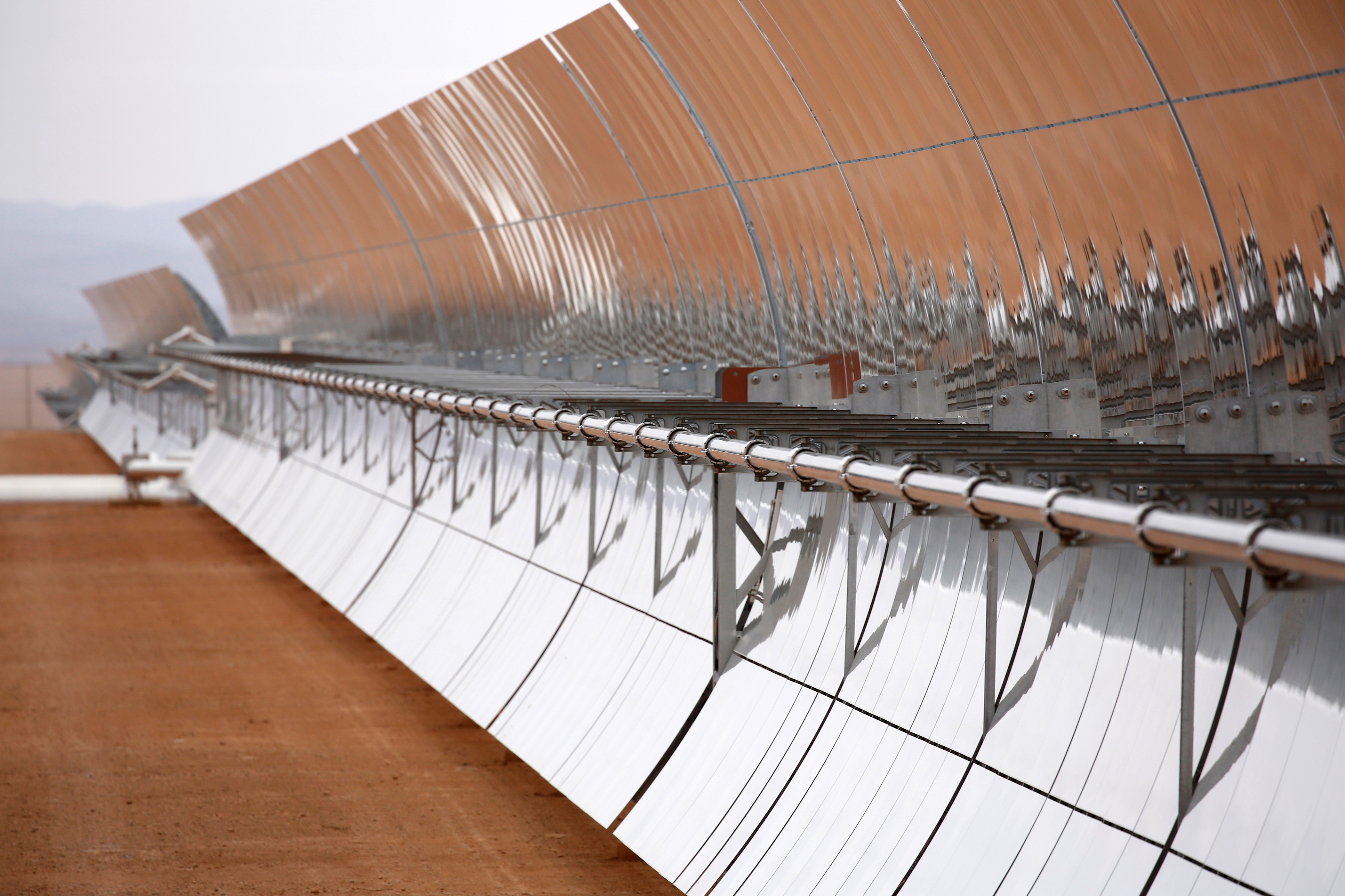 Mirrors The concentrated solar power (CSP) technology at Morocco's NOOR plant uses thousands of curved mirrors like these to focus the sun's heat on tubes carrying a molten salt solution, heating the liquid up to roughly 700 degrees Fahrenheit. That heat is then