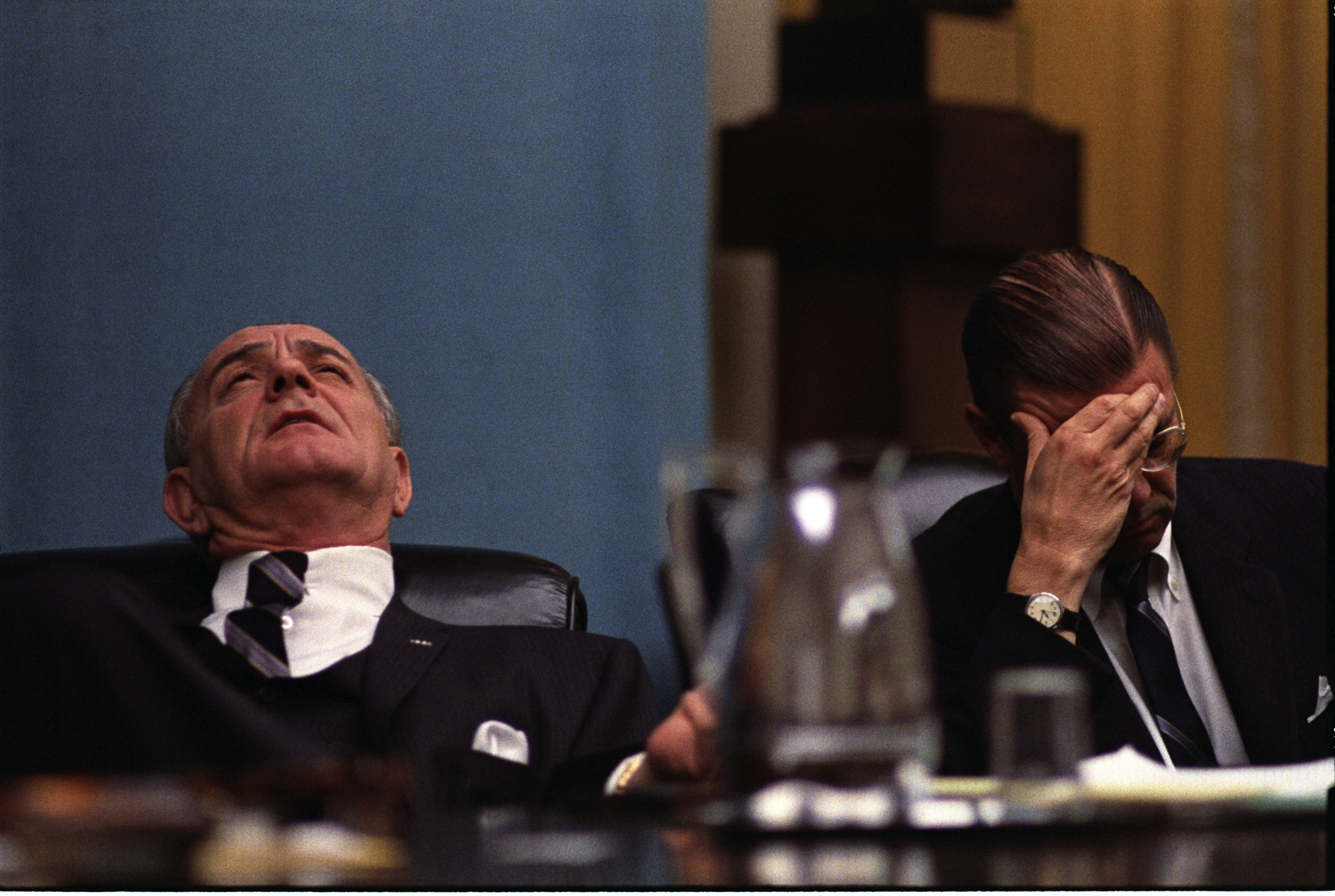 Pres. Lyndon B. Johnson, Secy. Robert McNamara at National Security Council meeting (L-R:) President Lyndon B. Johnson, Secretary of Defense Robert S. McNamara