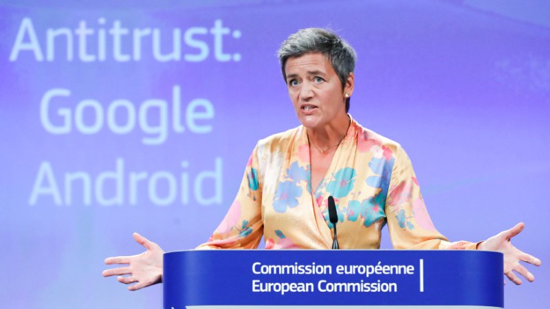 European Competition Commissioner Margrethe Vestager addresses a news conference on Google in Brussels, Belgium, July 18, 2018. European Competition Commissioner Margrethe Vestager stands at a podium with a screen behind her reading "Antitrust: Google Android."