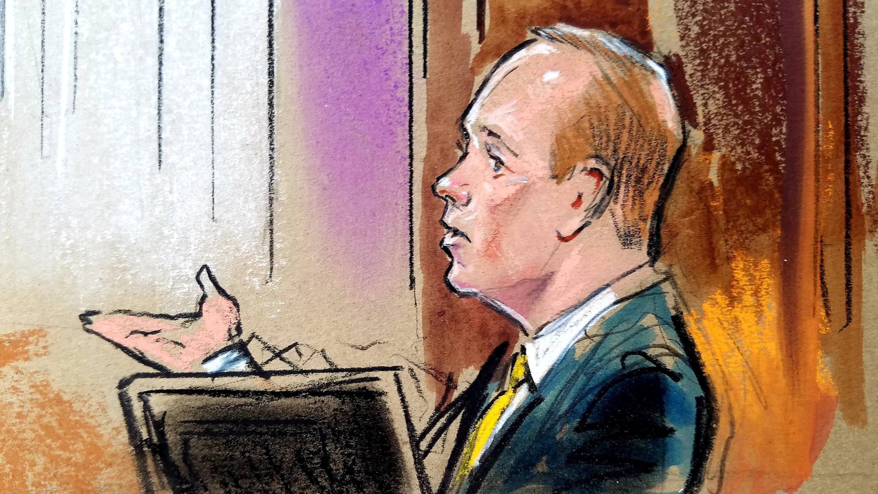 Rick Gates testifies on the fifth day of the trial of Manafort, on bank and tax fraud charges in federal court in Alexandria, Virginia, August 6, 2018. In this illustration, Rick Gates is shown testifying wearing a suit while sitting on the stand.