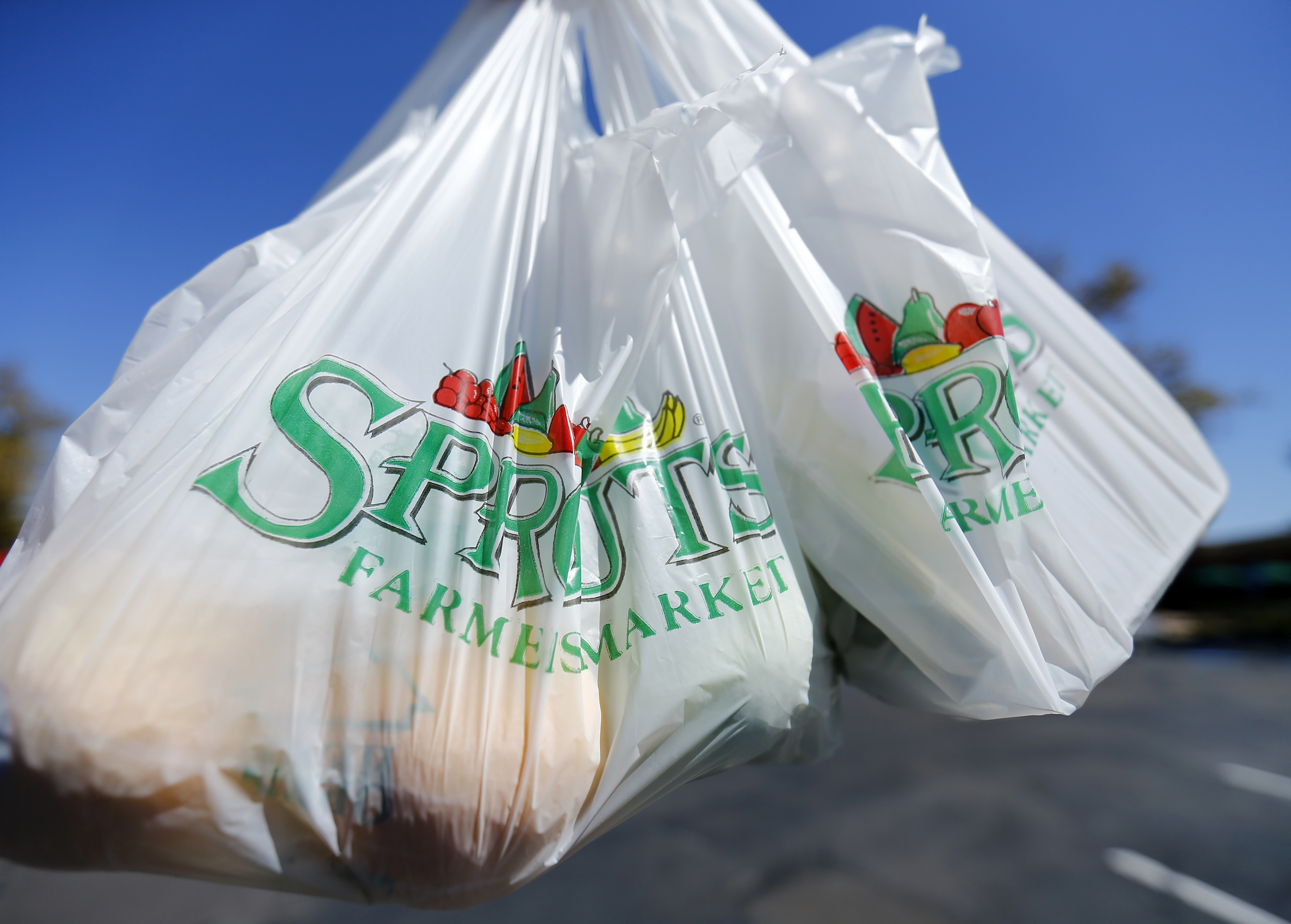 Groceries are carried in plastic bags in San Diego, California. Two plastic grocery bags being held .