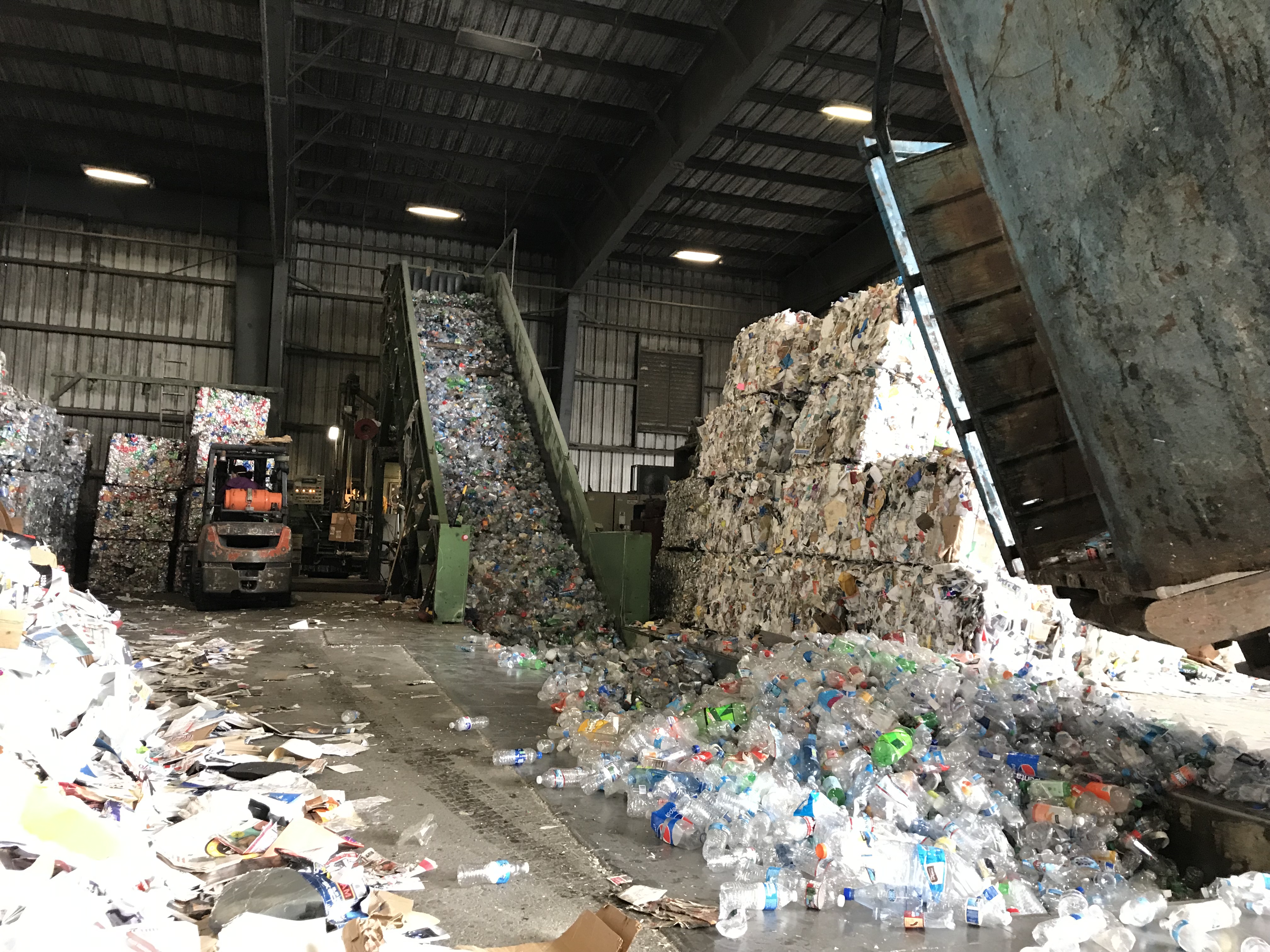 Plastic bottles and other items recycled by residents in Berkeley, California, are sorted at an Ecology Center facility. Large collections of plastic are spread out and sorted inside a warehouse.