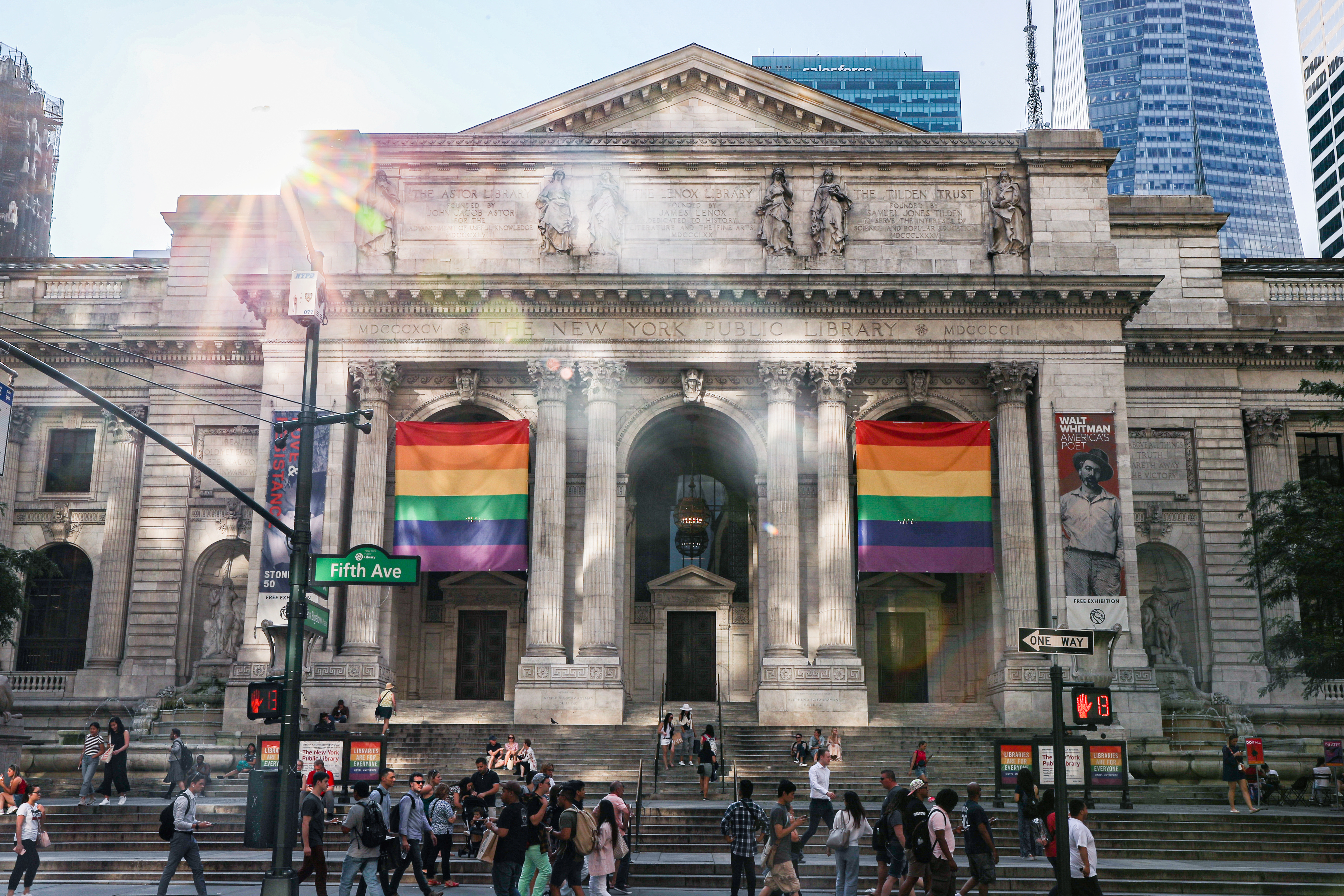 Rainbow pride flags are seen at the New York public library ahead of the 50th anniversary of the Stonewall riot, in New York. Pride flags are hung in front of the New York Public Library.