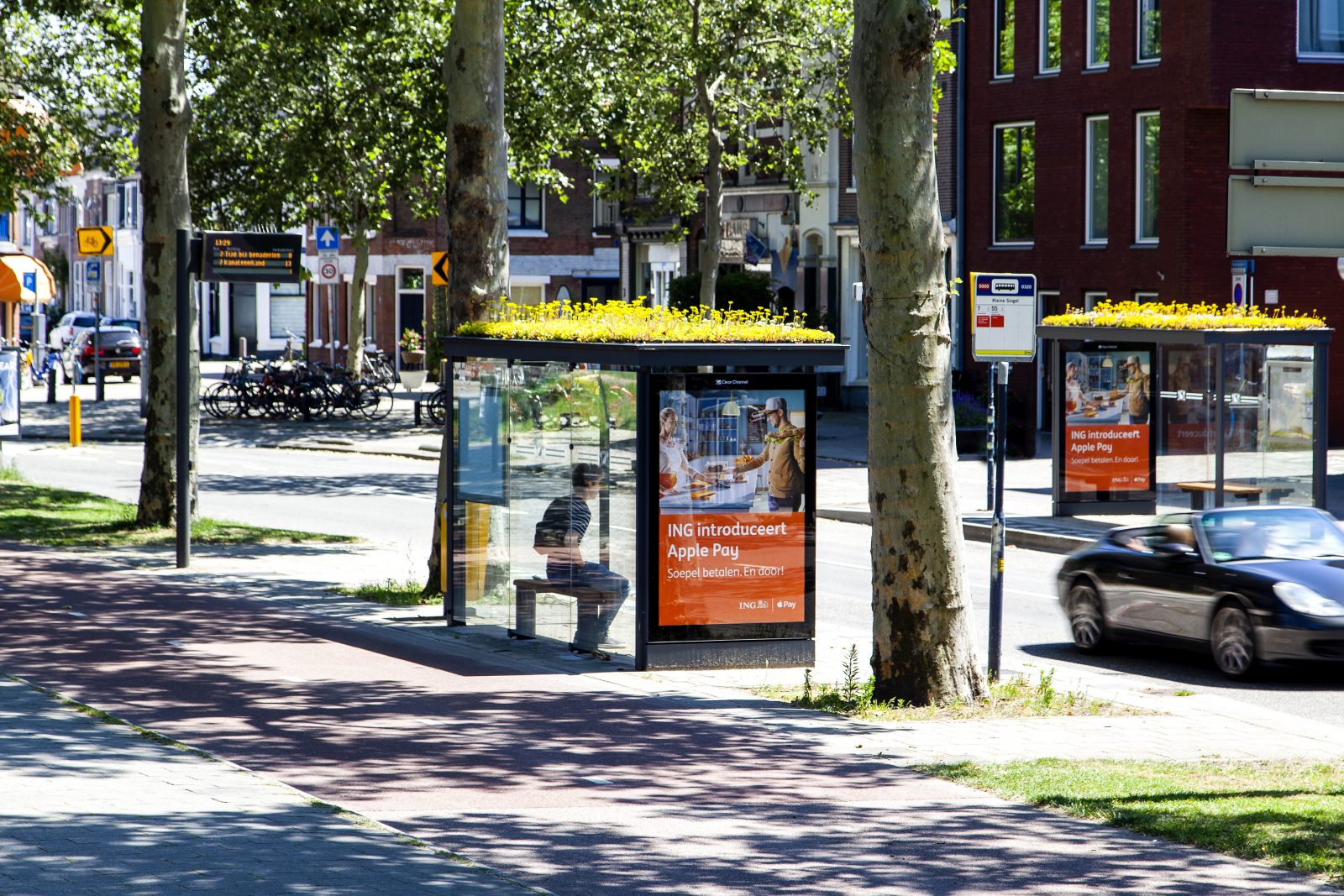 Bus shelter with a garden of the roof. A bus shelter in the city of Utrecht with yellow flowers planted on the roof.
