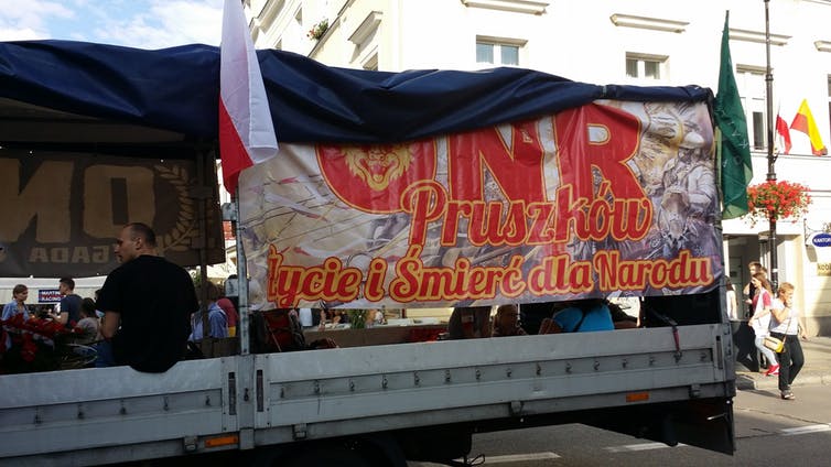 National Radical Camp (ONR), fascist organization truck on the march after a Warsaw Uprising commemoration Aug. 1, 2016. A truck with a sign on it written in Polish