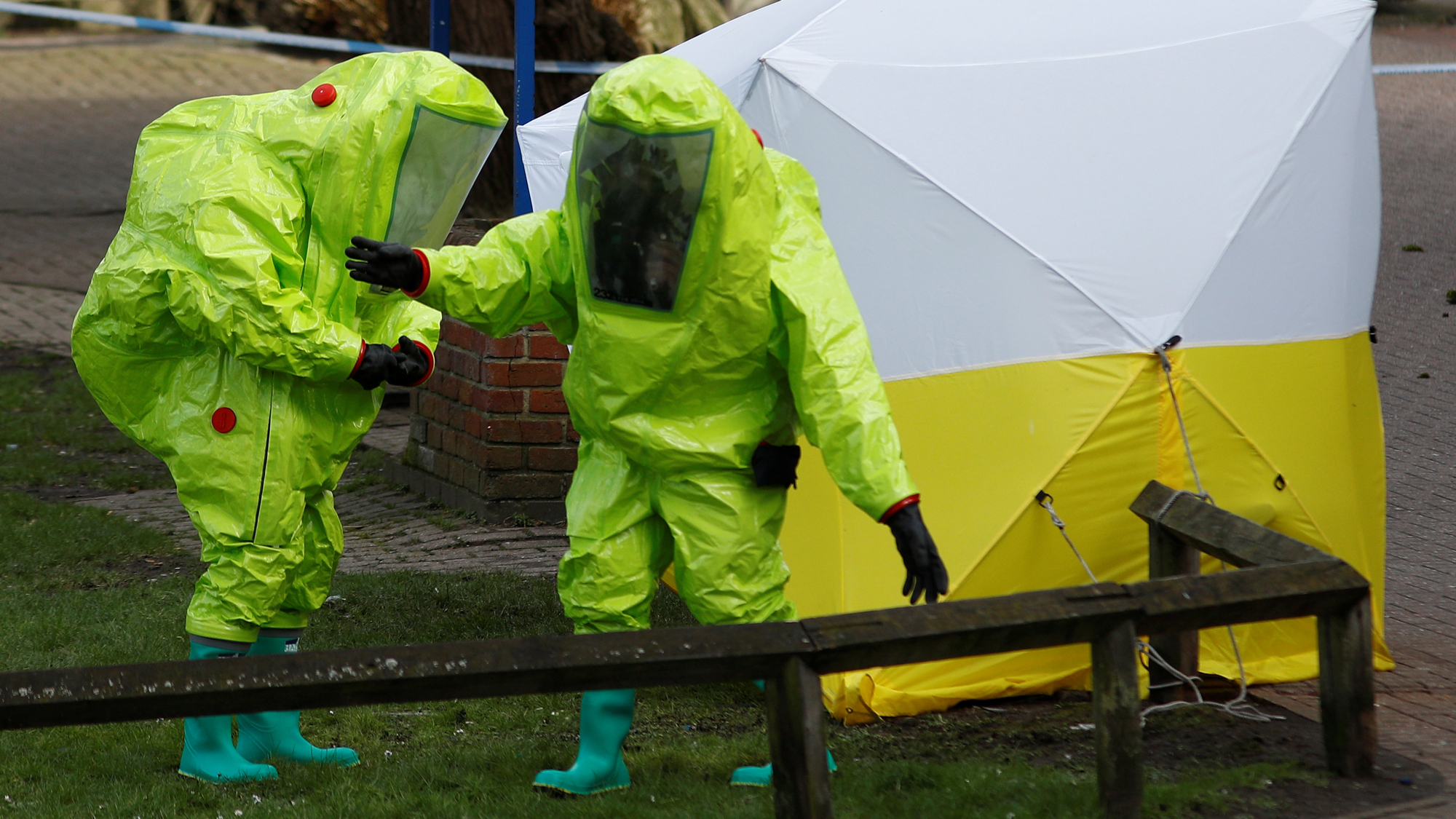 Officials working where Sergei Skripal and his daughter Yulia were found in Salisbury, Britain. Officials working where Sergei Skripal and his daughter Yulia were found in Salisbury, Britain.
