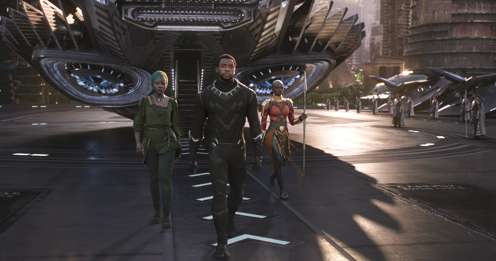 Marvel Studios’ “Black Panther.” L to R: Nakia (Lupita Nyong'o), T'Challa/Black Panther (Chadwick Boseman) and Okoye (Danai Gurira). Marvel Studios’ “Black Panther.” L to R: Nakia (Lupita Nyong'o), T'Challa/Black Panther (Chadwick Boseman) and Okoye (Danai Gurira).
