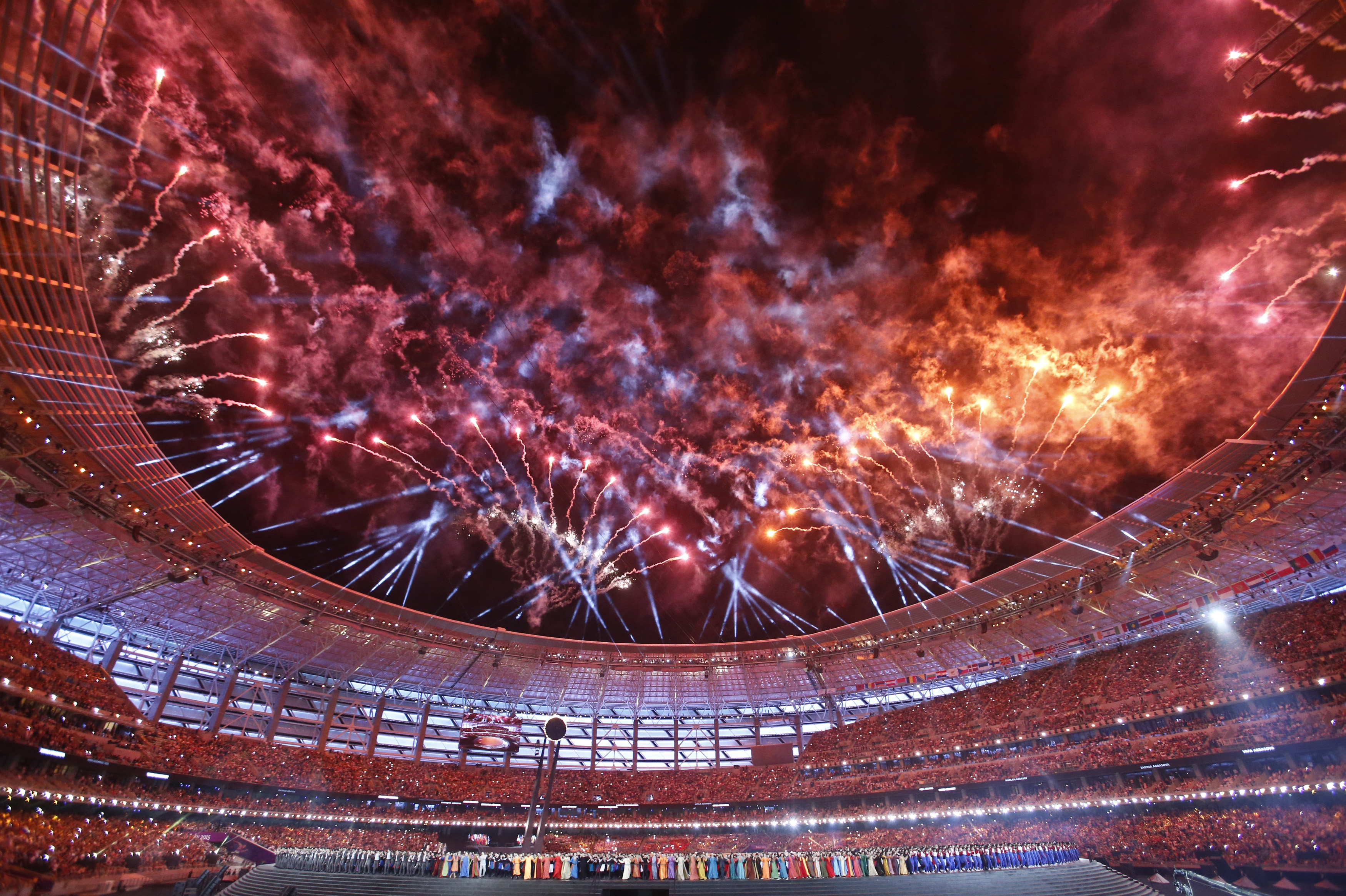 Fireworks explode during the opening ceremony of the 1st European Games in Baku, Azerbaijan, June 12 , 2015. Fireworks explode during the opening ceremony of the 1st European Games in Baku, Azerbaijan, June 12 , 2015.