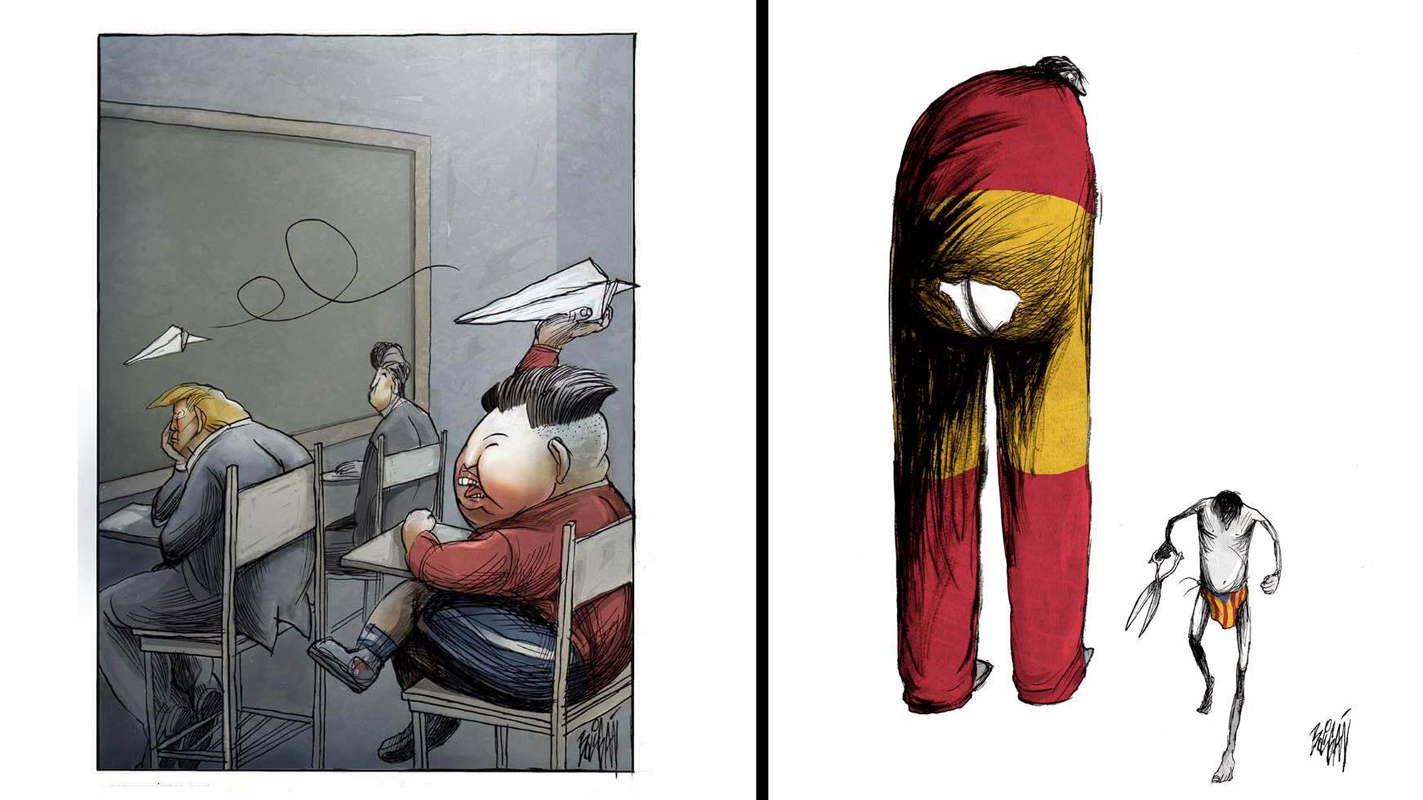 Left: Kim Jong-Un as the class bully, El Universal Opinion, Mexico, September 2, 2017. Right: Catalonia removes a key piece of Spain, El Universal Opinion, Mexico, October 14, 2017. Left: Kim Jong-Un as the class bully, El Universal Opinion, Mexico, September 2, 2017. Right: Catalonia removes a key piece of Spain, El Universal Opinion, Mexico, October 14, 2017.