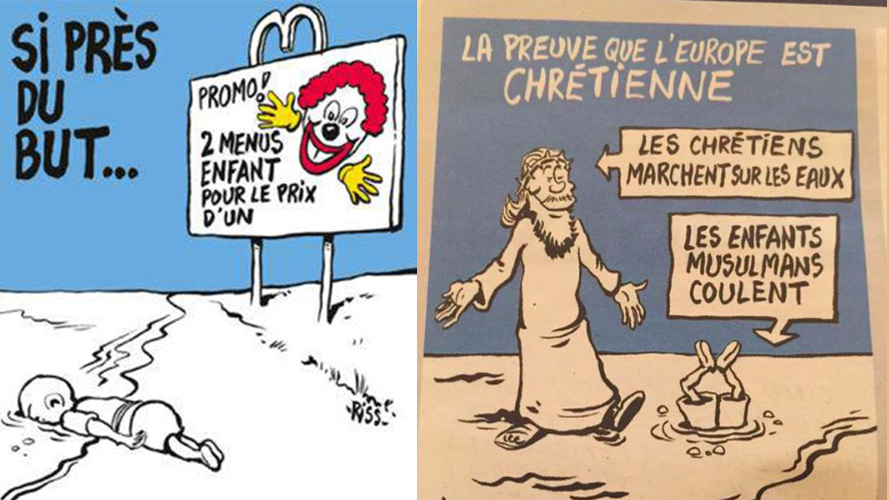 Two of the rejected covers that French magazine the Charlie Hebdo instead placed at the back of the issue. Two of the rejected covers that French magazine the Charlie Hebdo instead placed at the back of the issue.