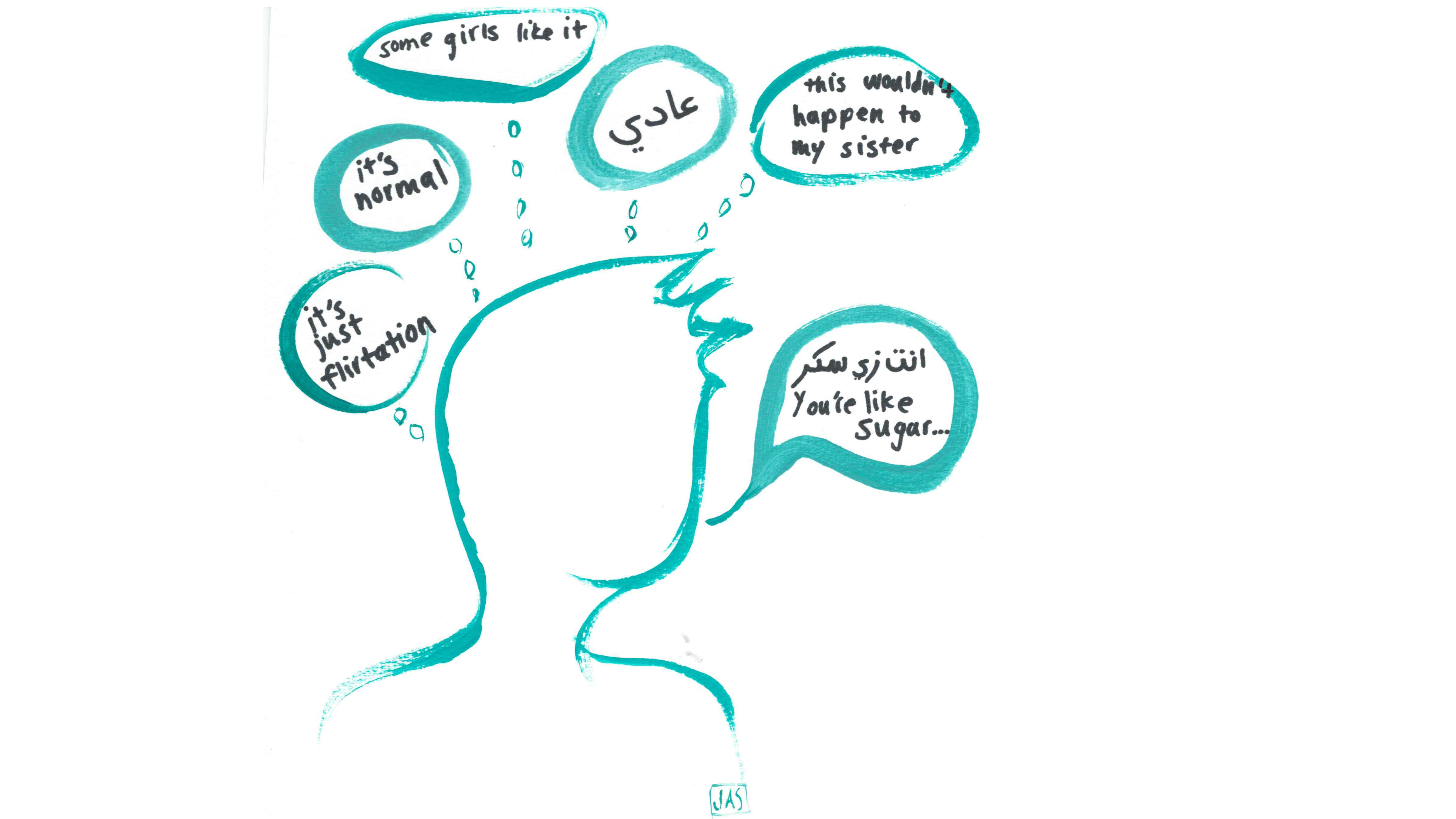 Julia Simon imagines what's going through the mind of a man harassing her on the street in Cairo. Julia Simon imagines what's going through the mind of a man harassing her on the street in Cairo.