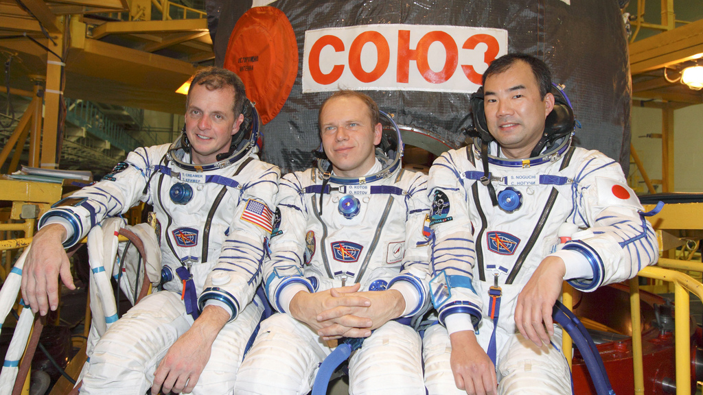 ISS Astronauts At the Baikonur Cosmodrome in Kazakhstan, ISS Expedition 22 crew members take a moment for photographs following a fit check of their Soyuz TMA-17 spacecraft at the launch site’s integration facility in December 2009.