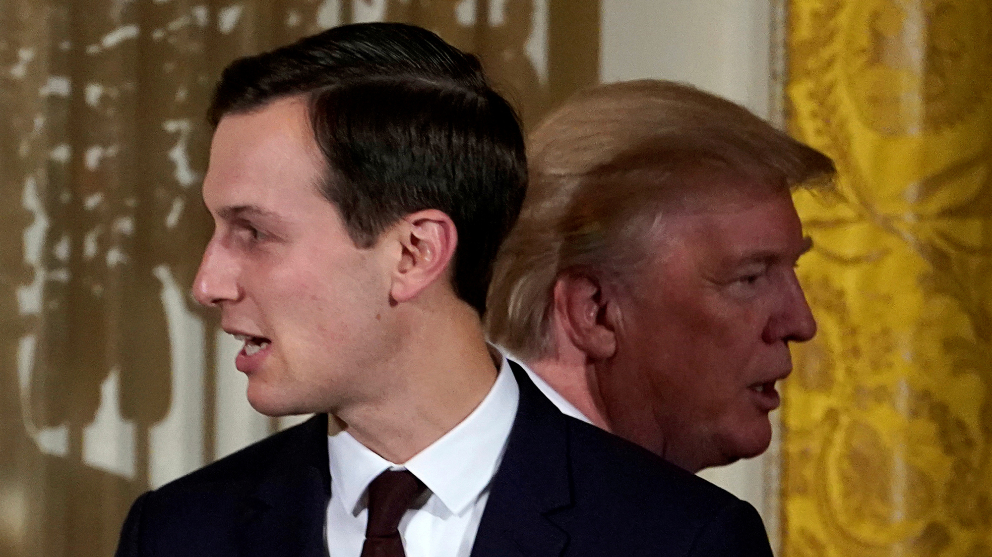 President Donald Trump passes his adviser and son-in-law Jared Kushner at the White House. President Donald Trump passes his adviser and son-in-law Jared Kushner at the White House.