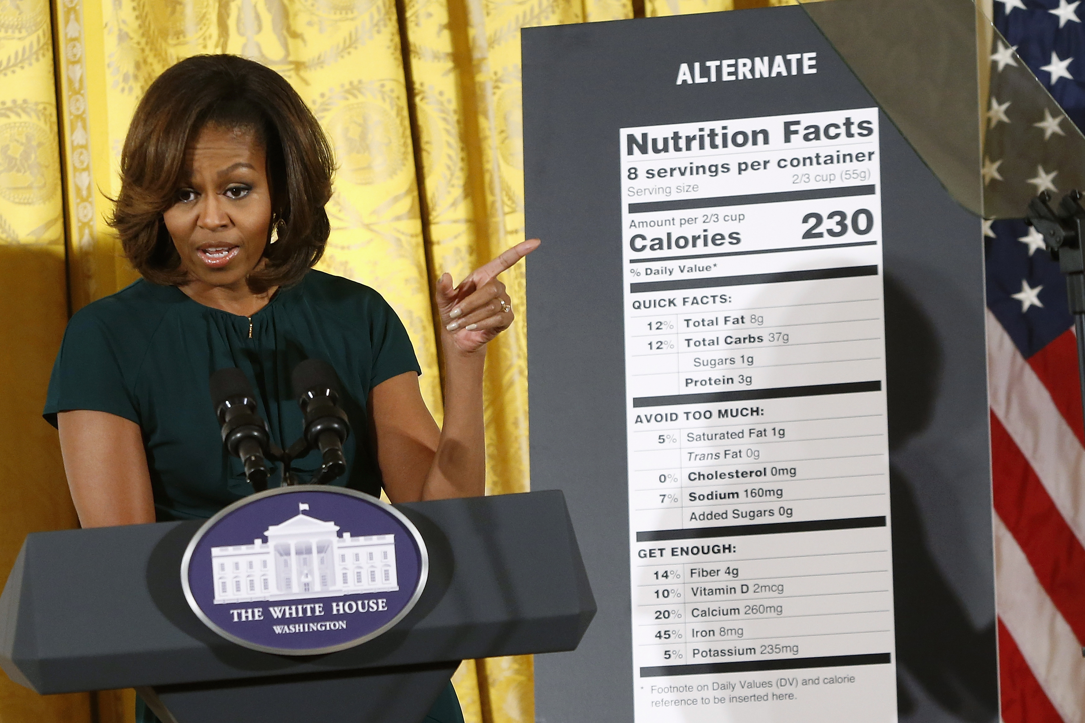 First Lady Michelle Obama unveils proposed updates to nutrition labels during remarks in the East Room of the White House on February 27, 2014. First Lady Michelle Obama unveils proposed updates to nutrition labels during remarks in the East Room of the White House on February 27, 2014.
