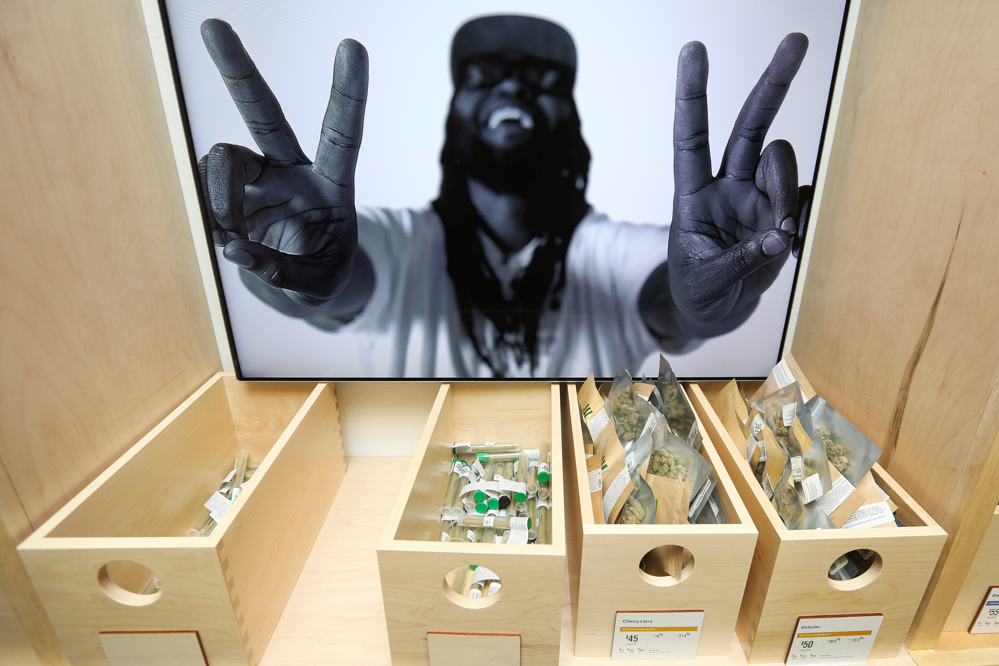Marijuana is seen for sale at Harborside, one of California's largest and oldest dispensaries of medical marijuana, on the first day of legalized recreational marijuana sales in Oakland, California, U.S. January 1, 2018. Marijuana is seen for sale at Harborside, one of California's largest and oldest dispensaries of medical marijuana, on the first day of legalized recreational marijuana sales in Oakland, California, U.S. January 1, 2018.