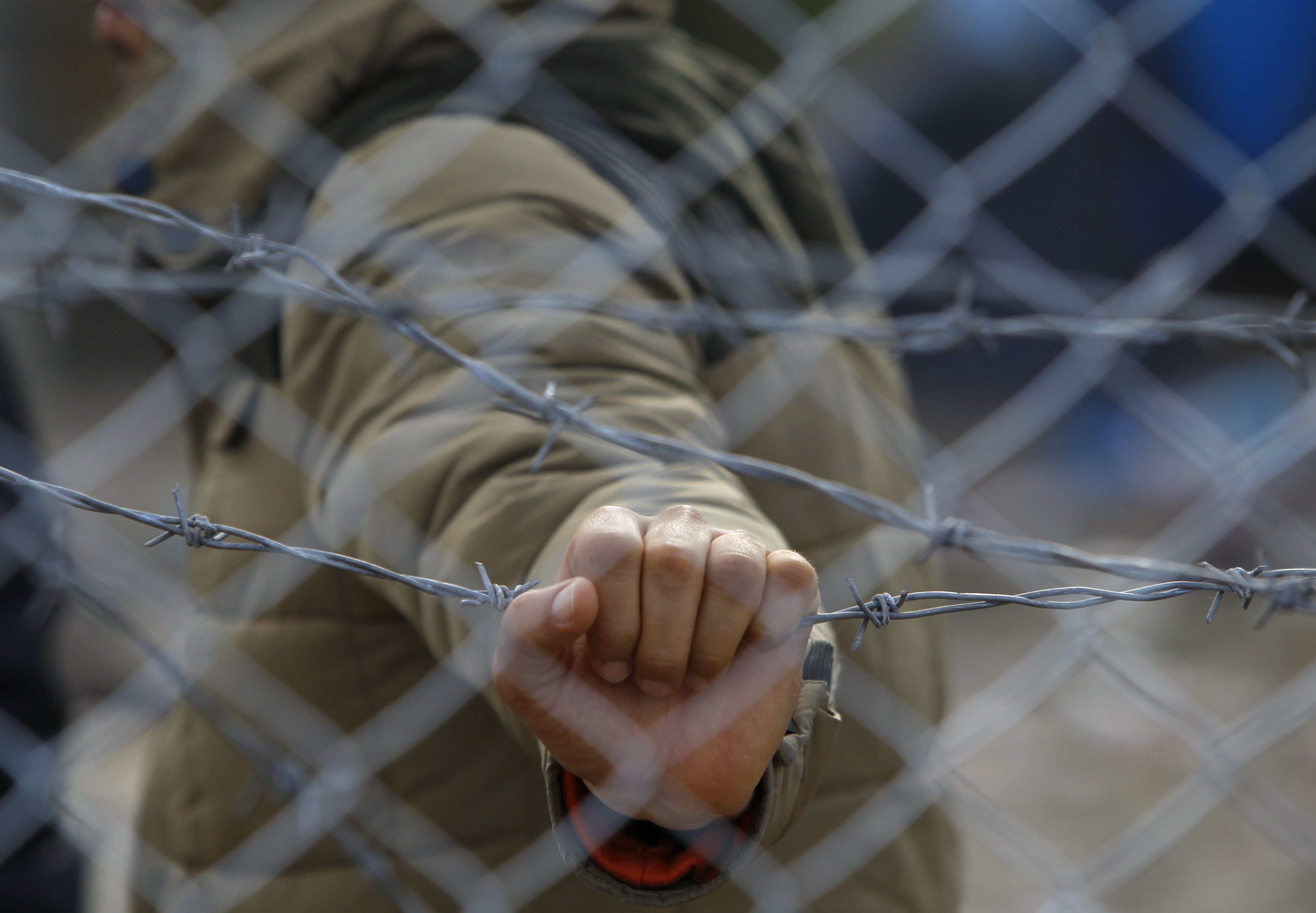 A migrant holds a barbed wire fence at the Macedonian-Greek border, near Gevgelija, Macedonia, November 29, 2015. A migrant holds a barbed wire fence at the Macedonian-Greek border, near Gevgelija, Macedonia, November 29, 2015.