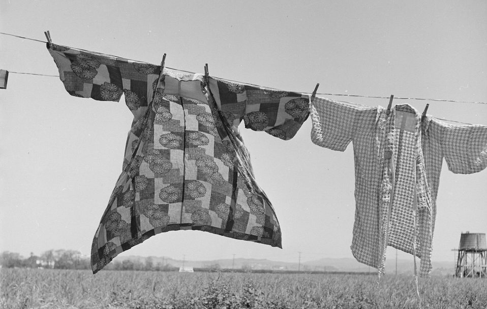 Two kimonos in the wind on a laundry line