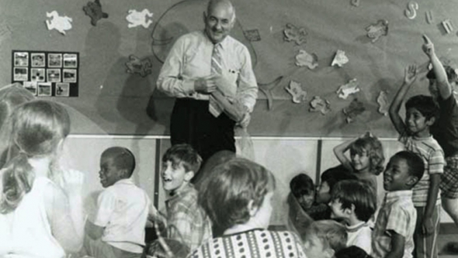 Psychologist E. Paul Torrance, creator of the Torrance Tests, with gifted children at the University of Georgia College of Education in the 1970s