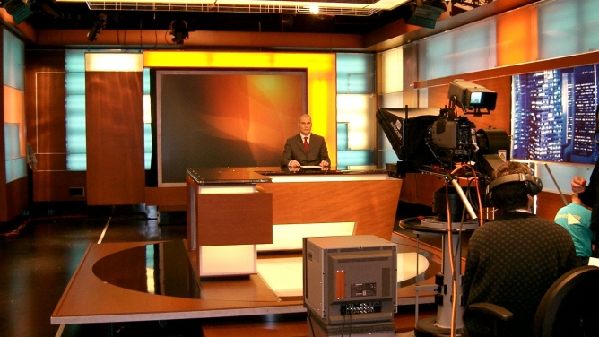Alhurra's studio during their first live broadcast, 14 February 2004 Al-Hurra