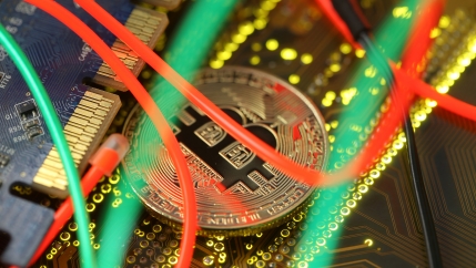 A gold coin with the letter B stamped amidst green and red wires.