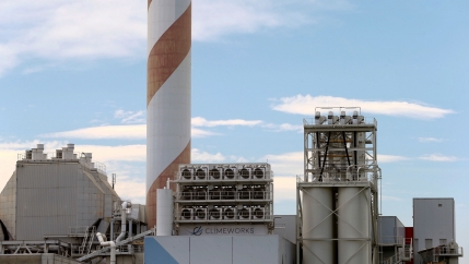 A facility for capturing carbon dioxide from the air of Swiss Climeworks is placed on the roof of a waste incinerating plant in Hinwil, Switzerland, July 18, 2017. 