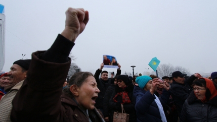 Kazakhs protest what they see as excessive expansion of Chinese influence in Kazakhstan, including new Silk Road investments, in Almaty, Kazakhstan, Dec. 2019. 