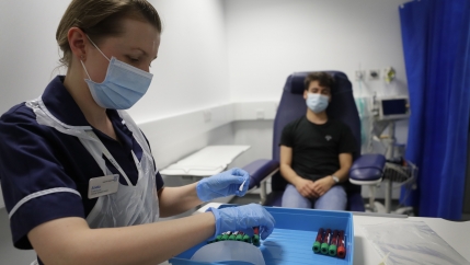 Clinical Research Nurse Aneta Gupta labels blood samples from volunteer Yash during the Imperial College vaccine trial, at a clinic in London, Aug. 5, 2020. 