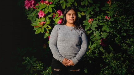Michelle Aguilar Ramirez stands for a portrait on in South Seattle, Washington, May 18, 2020.