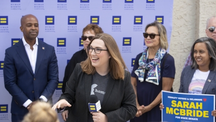 Sarah McBride, then a candidate for Delaware state senate, speaks during an event that announced her endorsement by the Human Rights Campaign in Wilmington, Delaware, Aug. 25, 2019.