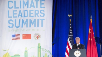 In this file photo, then-Vice President Joe Biden speaks at the closing session of the US-China Climate Leaders Summit in Los Angeles, California, Sept. 16, 2015.