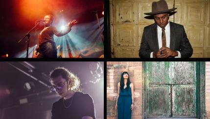 (Clockwise from top left) Meklit Hadero in red lighting, Sinkane stsnding in front of wooden wall, Diana Gameros standing in front of a brick wall and Hello Psychaleppo looking down at a keyboard.