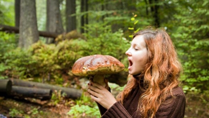 A woman holds a large mushroom in the Ukraine's Carpathians