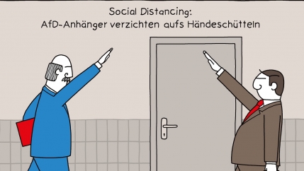 A cartoon depicts a person in a blue suit pointing to a sign to a person in a gray suit