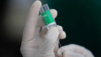 A gloved hand holds a needle up-close. 