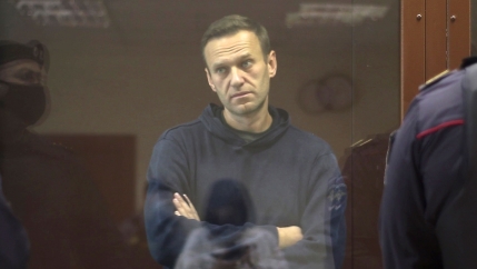 Alexei Navalny is shown wearing a blue hooded sweatshirt and standing with his arms folded in a glass cage in a Russian courtroom.