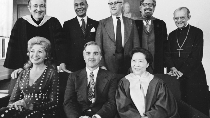 Chien Shiung Wu (bottom, right), then-professor of Columbia University New York, receives an honorary degree along with other recipients at Harvard University on June 14, 1974, in Cambridge, Massachusetts.