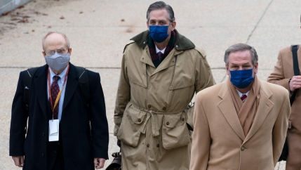 From left, David Schoen, Bruce Castor and Michael van der Veen, lawyers for former President Donald Trump, arrive at the US Capitol on the third day of the second impeachment trial.  
