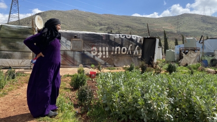 Bashil el-Ahmad stands next to her garden with the mountains behind her marking the Syrian border.   