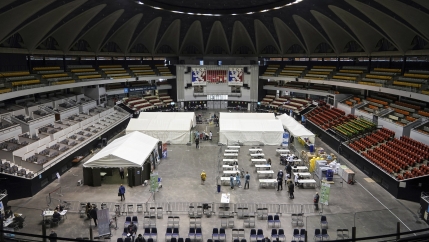 A stadium is set up as a vaccination drive site in France. 