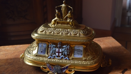 Up-close photo of the golden chest featured in the treasure hunt, “The Golden Treasure of the Entente Cordiale.