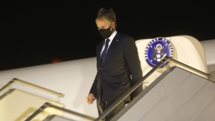 US Secretary of State Antony Blinken disembarks after landing at Boryspil International airport outside Kyiv, Ukraine, early Thursday, May 6, 2021. 