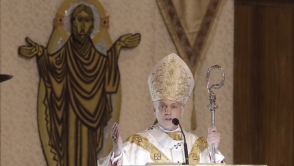 San Francisco Archbishop Salvatore Cordileone celebrates Easter Mass, which was live-streamed, at St. Mary's Cathedral in San Francisco, April 12, 2020.