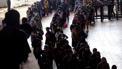 Three long lines are shown with hundreds of people standing and waiting.