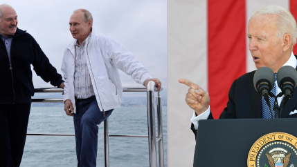 On the left, a photo of Alexander Lukashenko standing and talking with Vladimir Putin. On the right, a photo of Joe Biden at a podium. 