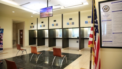 Chairs lined up inside US visa's center at Embassy of the United States of America is shown in Kabul, Afghanistan